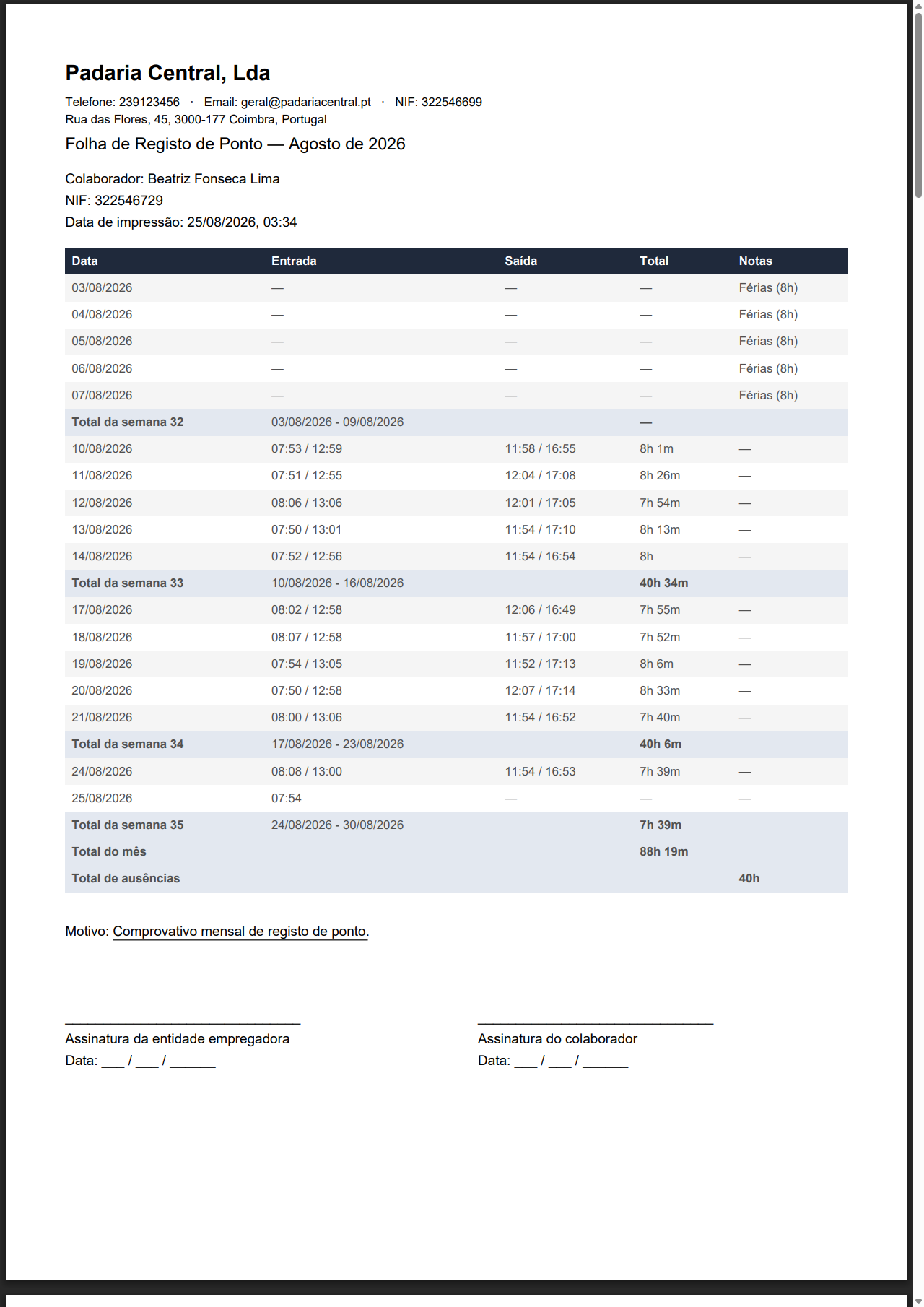 Folha de Registo de Ponto gerada pelo RegistoDePonto