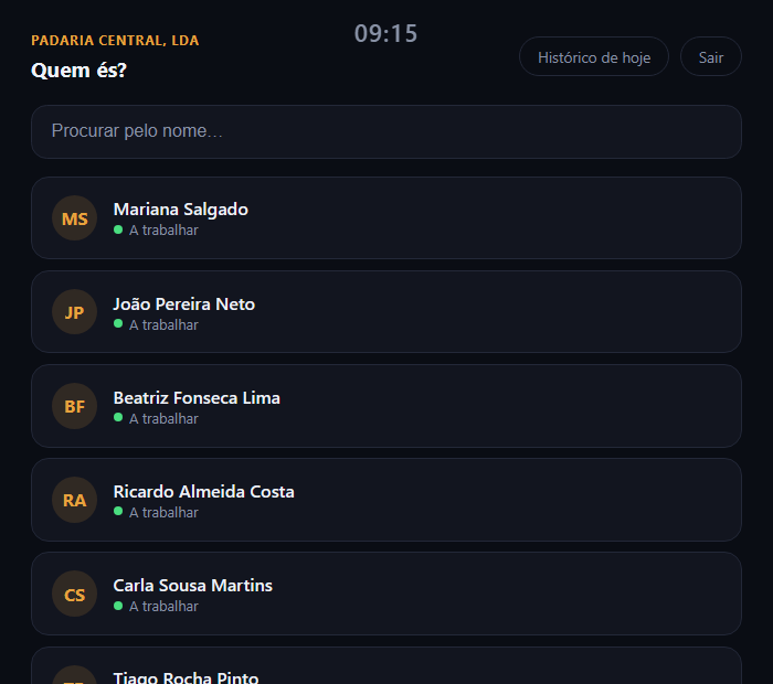 Ecrã do quiosque do RegistoDePonto